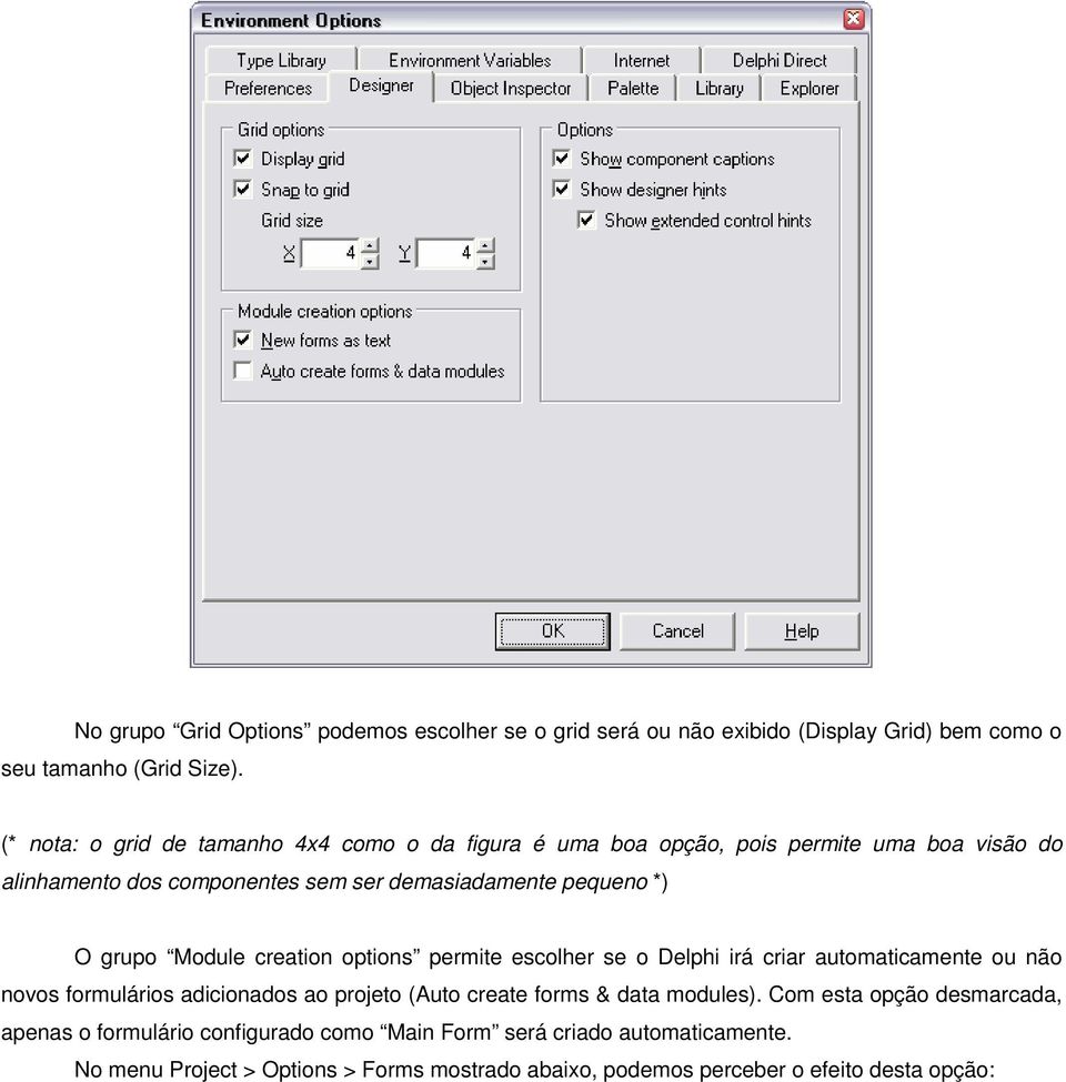grupo Module creation options permite escolher se o Delphi irá criar automaticamente ou não novos formulários adicionados ao projeto (Auto create forms & data