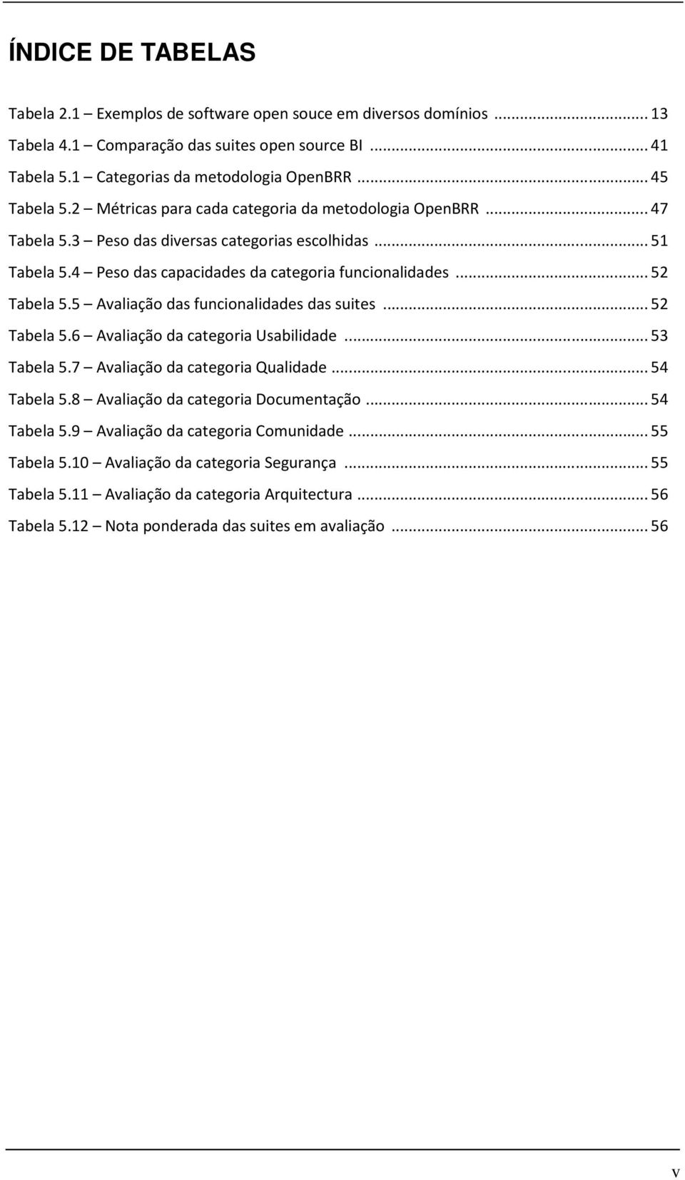 5 Avaliação das funcionalidades das suites... 52 Tabela 5.6 Avaliação da categoria Usabilidade... 53 Tabela 5.7 Avaliação da categoria Qualidade... 54 Tabela 5.8 Avaliação da categoria Documentação.