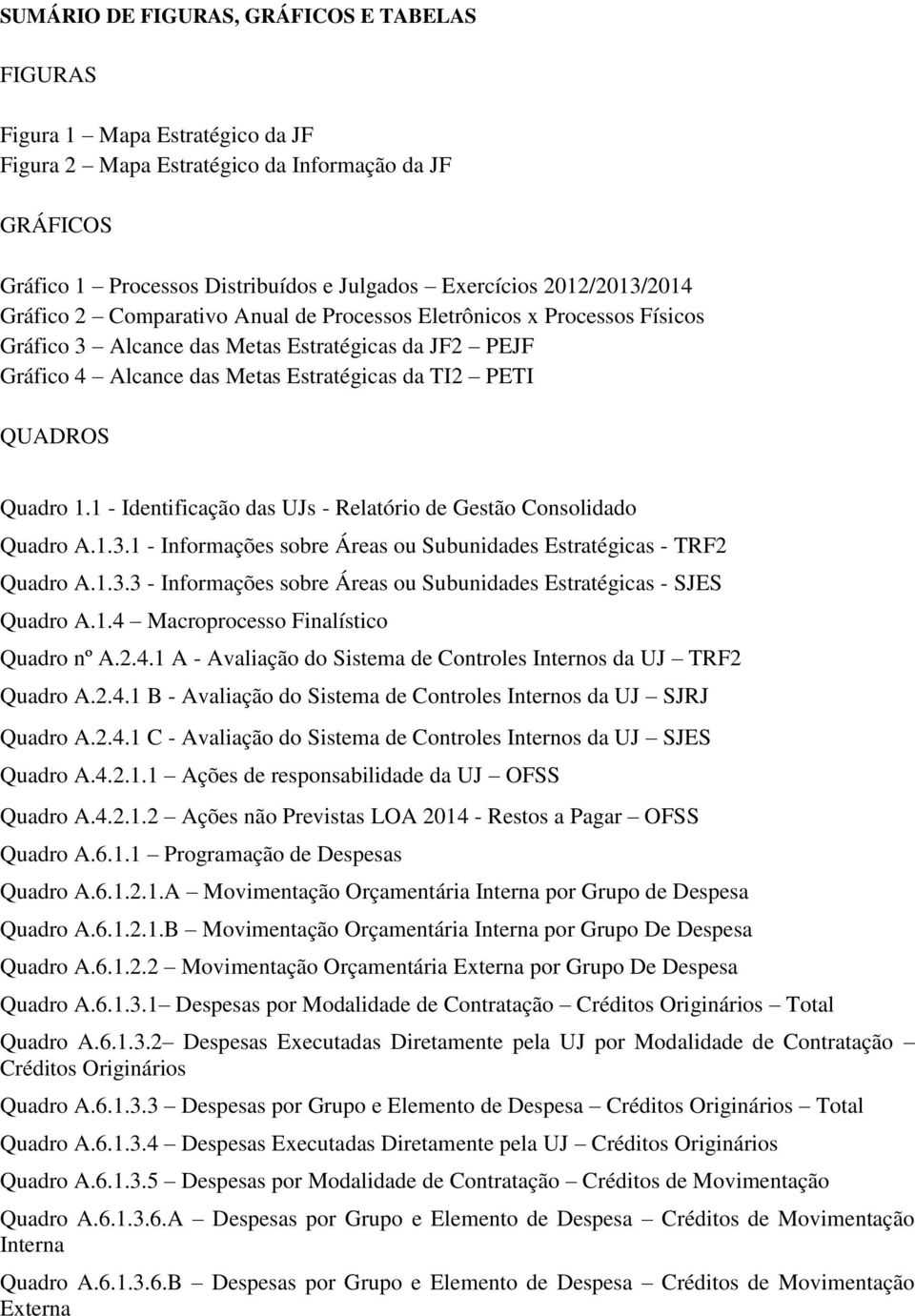 QUADROS Quadro 1.1 - Identificação das UJs - Relatório de Gestão Consolidado Quadro A.1.3.1 - Informações sobre Áreas ou Subunidades Estratégicas - TRF2 Quadro A.1.3.3 - Informações sobre Áreas ou Subunidades Estratégicas - SJES Quadro A.