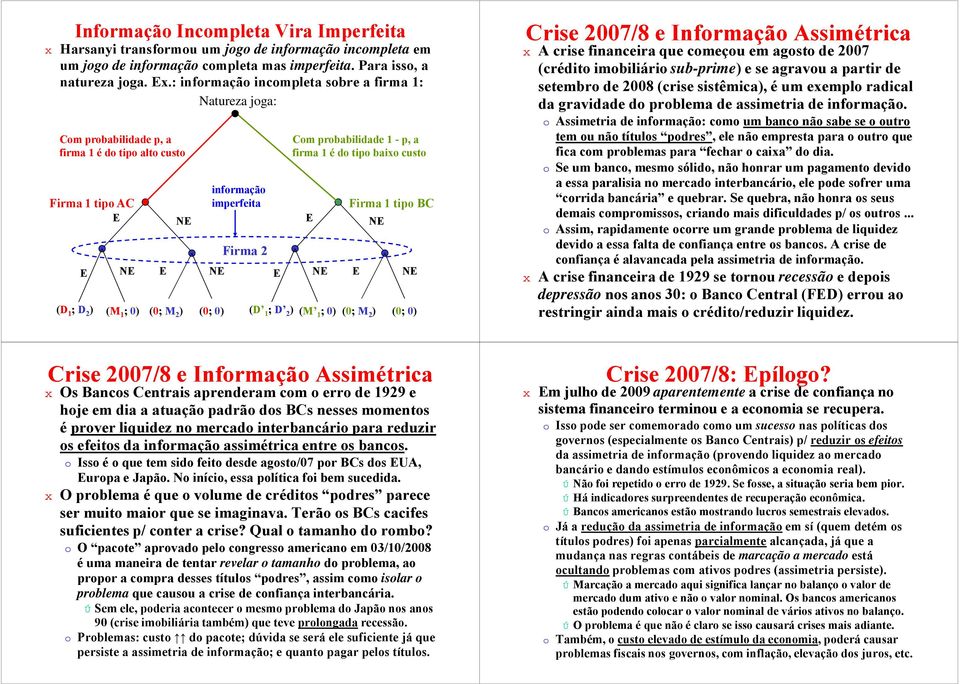 probabilidade - p, a firma é do tipo baixo custo N (D ; D ) (M ; 0) Firma tipo BC (0; M ) N N (0; 0) Crise 007/8 e Informação Assimétrica A crise financeira que começou em agosto de 007 (crédito