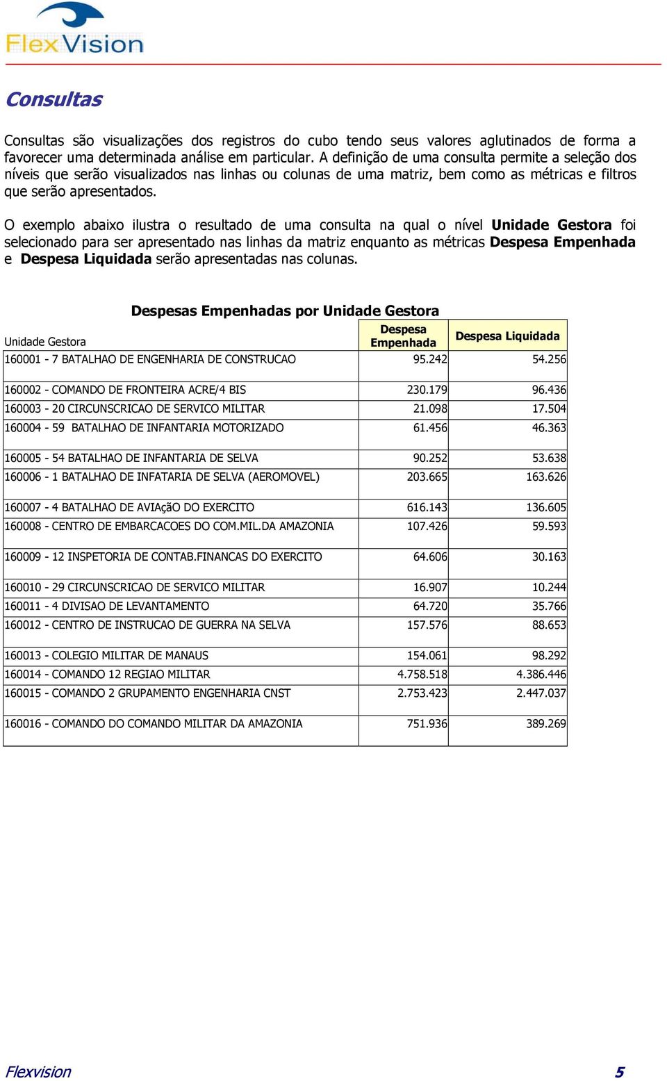 O exemplo abaixo ilustra o resultado de uma consulta na qual o nível Unidade Gestora foi selecionado para ser apresentado nas linhas da matriz enquanto as métricas Despesa Empenhada e Despesa