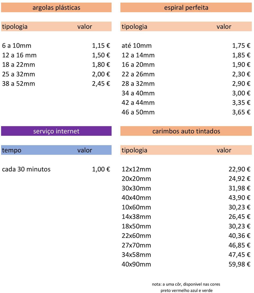 tempo valor tipologia valor cada 30 minutos 1,00 12x12mm 22,90 20x20mm 24,92 30x30mm 31,98 40x40mm 43,90 10x60mm 30,23 14x38mm 26,45