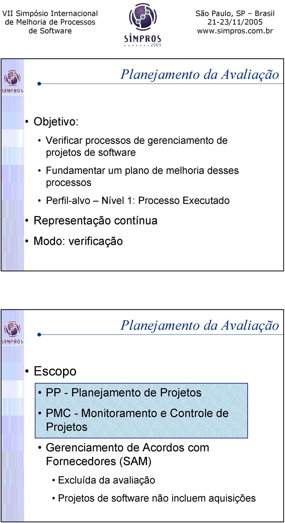 verificação Planejamento da Avaliação Escopo PP - Planejamento de Projetos PMC - Monitoramento e Controle de