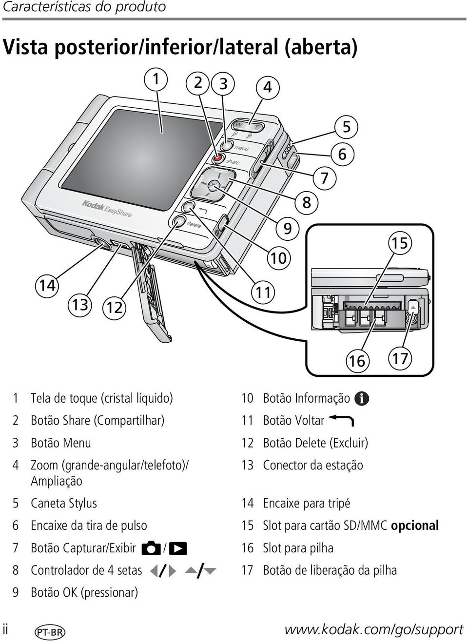 (grande-angular/telefoto)/ 13 Conector da estação Ampliação 5 Caneta Stylus 14 Encaixe para tripé 6 Encaixe da tira de pulso 15 Slot para