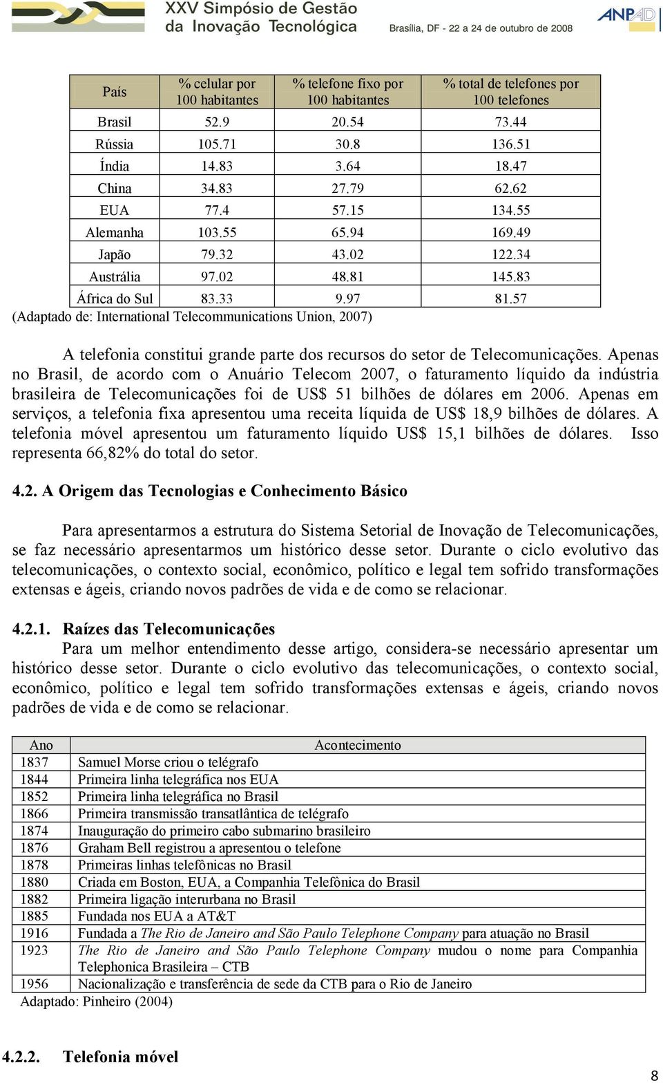 57 (Adaptado de: International Telecommunications Union, 2007) A telefonia constitui grande parte dos recursos do setor de Telecomunicações.