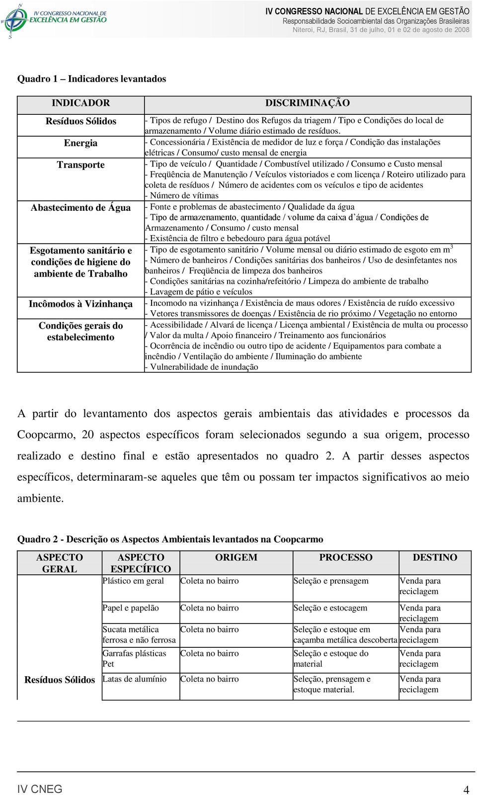 - Concessionária / Existência de medidor de luz e força / Condição das instalações elétricas / Consumo/ custo mensal de energia - Tipo de veículo / Quantidade / Combustível utilizado / Consumo e