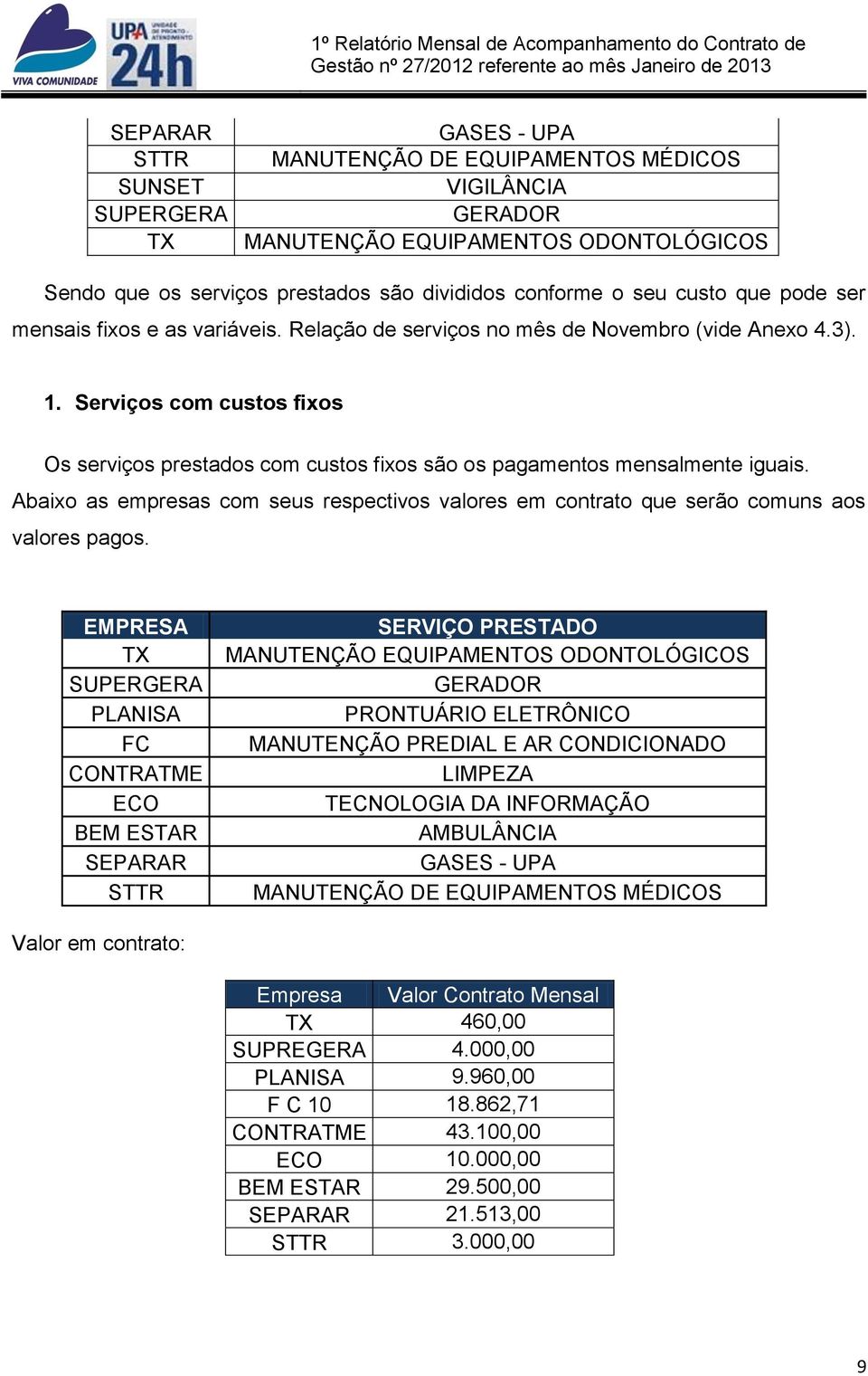 Serviços com custos fixos Os serviços prestados com custos fixos são os pagamentos mensalmente iguais. Abaixo as empresas com seus respectivos valores em contrato que serão comuns aos valores pagos.