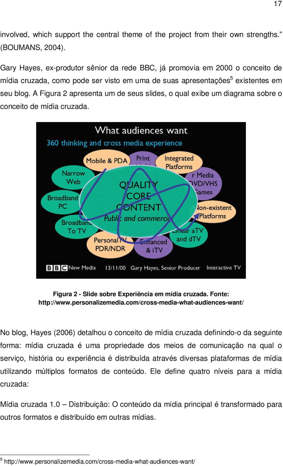 A Figura 2 apresenta um de seus slides, o qual exibe um diagrama sobre o conceito de mídia cruzada. Figura 2 - Slide sobre Experiência em mídia cruzada. Fonte: http://www.personalizemedia.