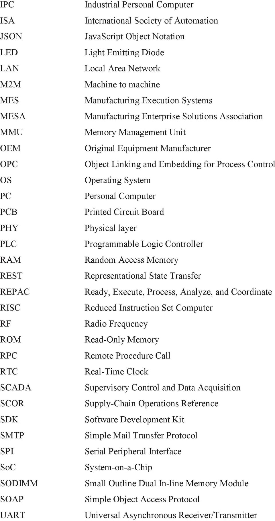 System PC Personal Computer PCB Printed Circuit Board PHY Physical layer PLC Programmable Logic Controller RAM Random Access Memory REST Representational State Transfer REPAC Ready, Execute, Process,