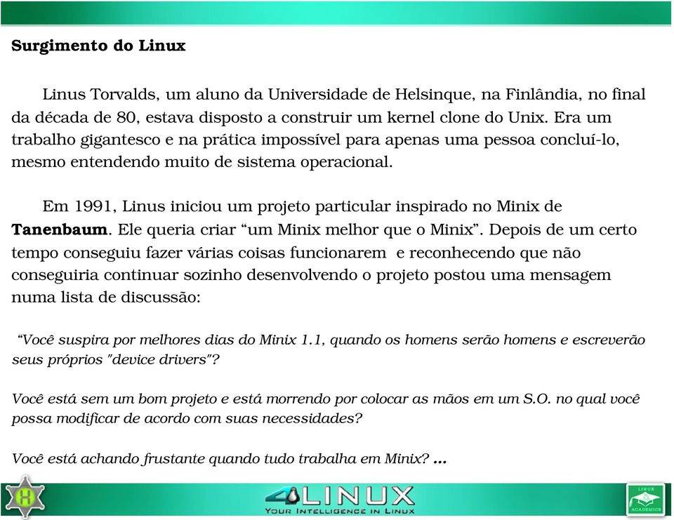 Em 1991, Linus iniciou um projeto particular inspirado no Minix de Tanenbaum. Ele queria criar um Minix melhor que o Minix.