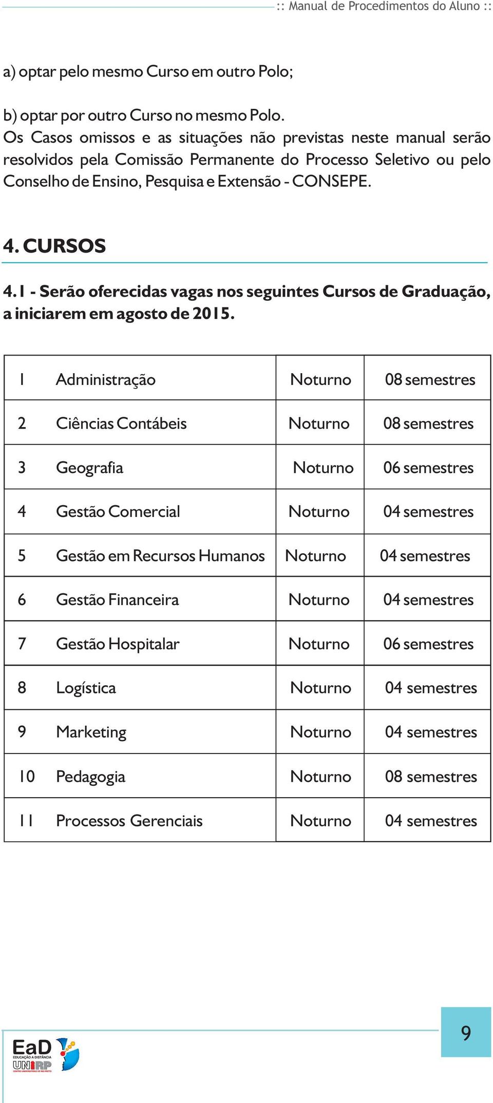 1 - Serão oferecidas vagas os seguites Cursos de Graduação, a iiciarem em agosto de 2015.