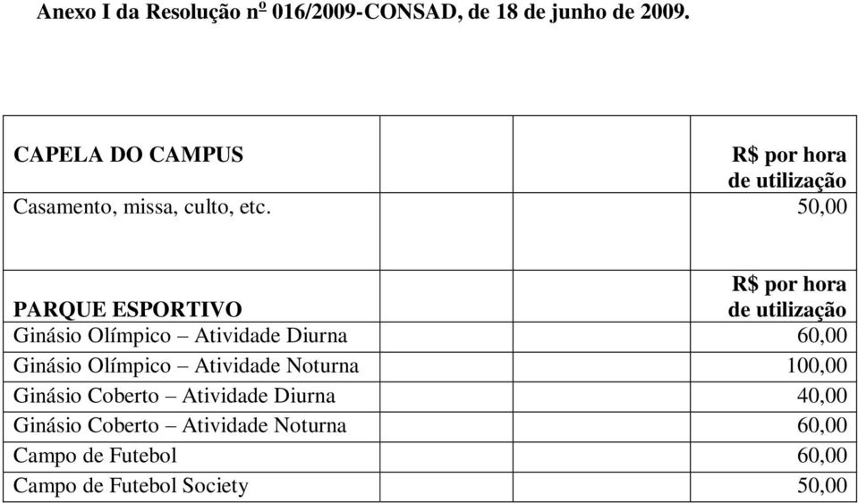 50,00 R$ por hora PARQUE ESPORTIVO de utilização Ginásio Olímpico Atividade Diurna 60,00 Ginásio