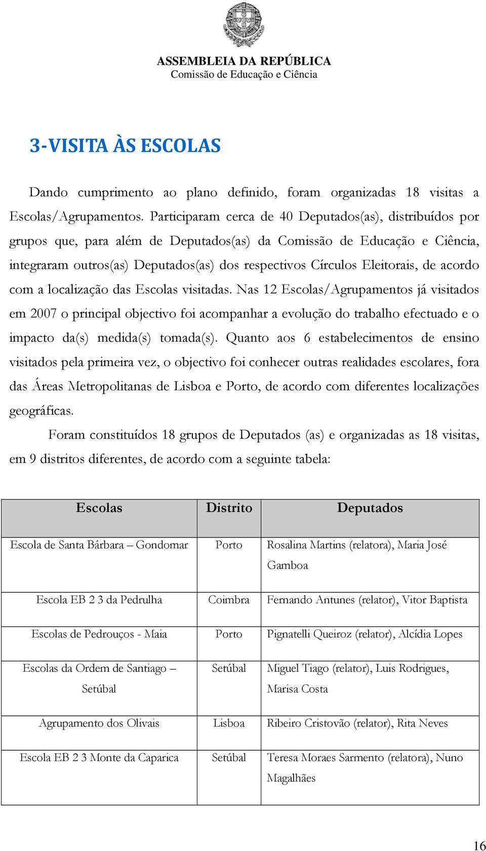 localização das Escolas visitadas. Nas 12 Escolas/Agrupamentos já visitados em 2007 o principal objectivo foi acompanhar a evolução do trabalho efectuado e o impacto da(s) medida(s) tomada(s).