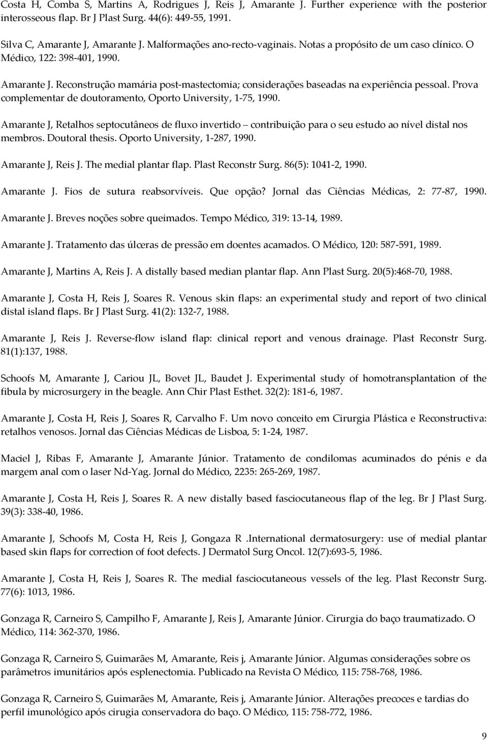 Prova complementar de doutoramento, Oporto University, 1-75, 1990. Amarante J, Retalhos septocutâneos de fluxo invertido contribuição para o seu estudo ao nível distal nos membros. Doutoral thesis.