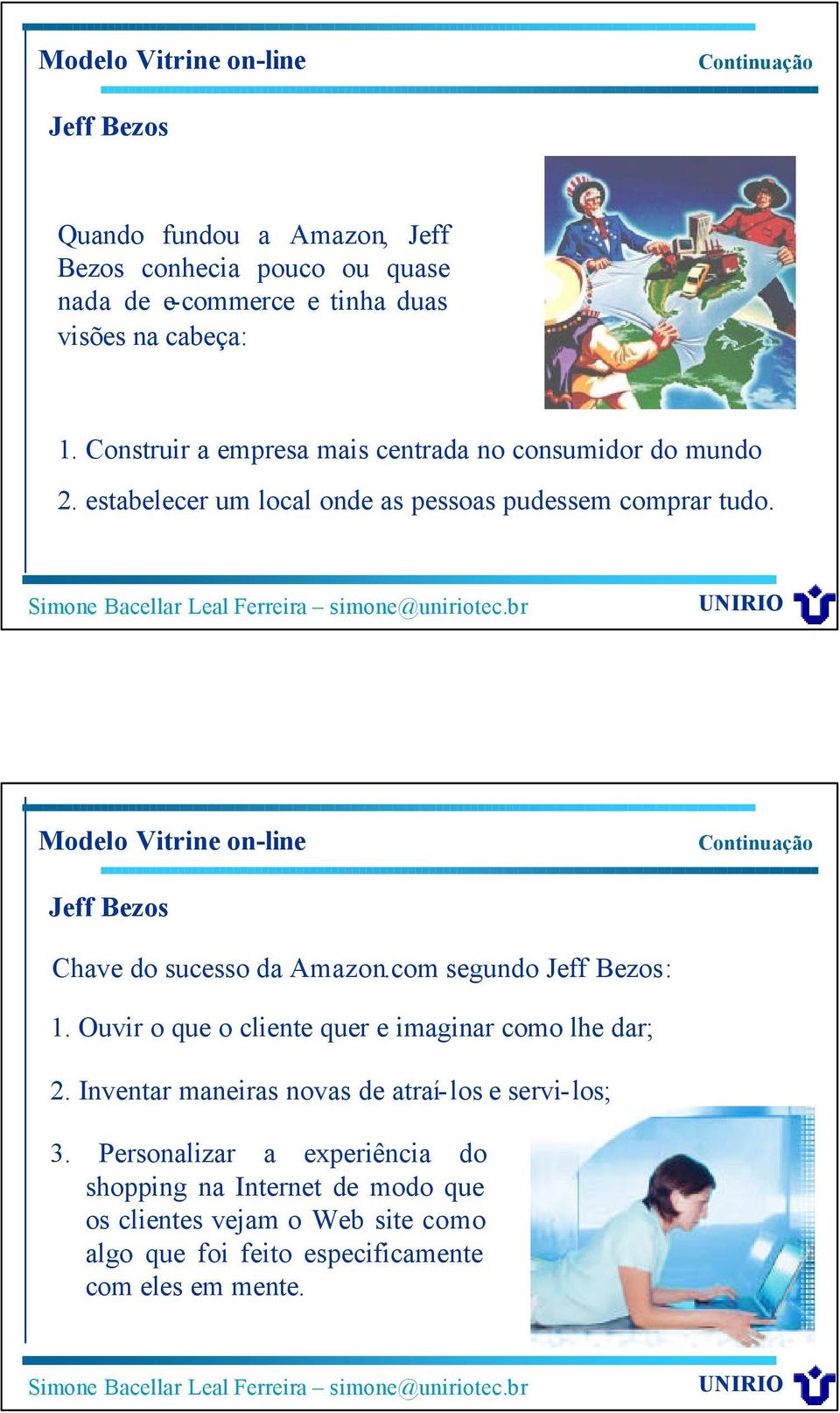 Modelo Vitrine on-line Jeff Bezos Chave do sucesso da Amazon.com segundo Jeff Bezos: 1. Ouvir o que o cliente quer e imaginar como lhe dar; 2.