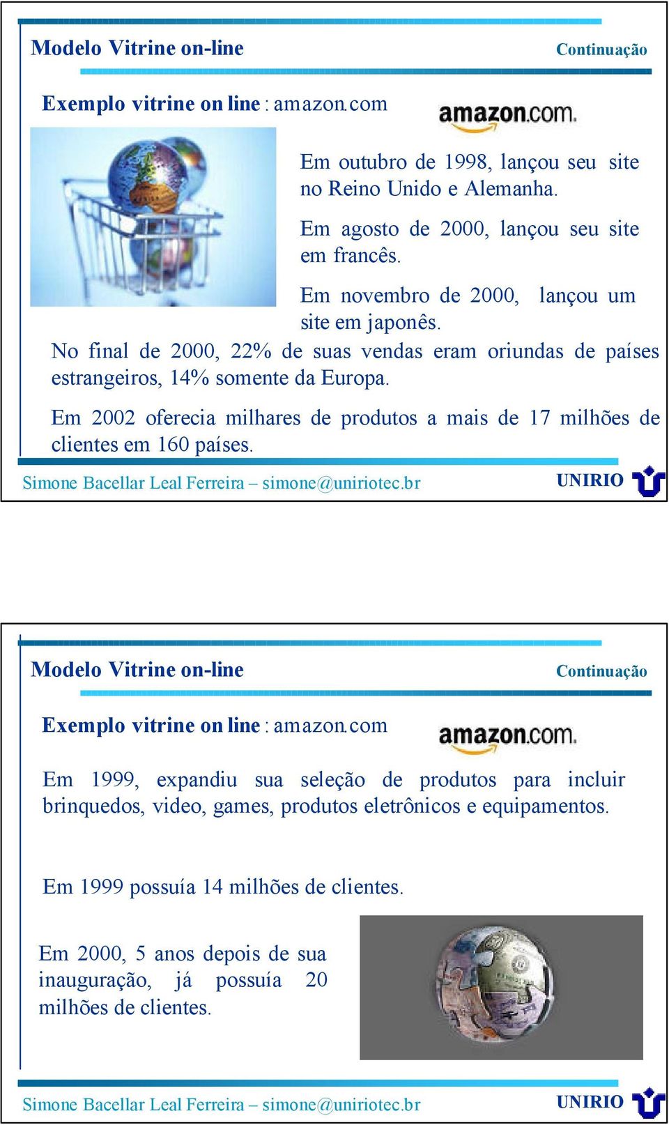 Em 2002 oferecia milhares de produtos a mais de 17 milhões de clientes em 160 países. Modelo Vitrine on-line Exemplo vitrine on line : amazon.