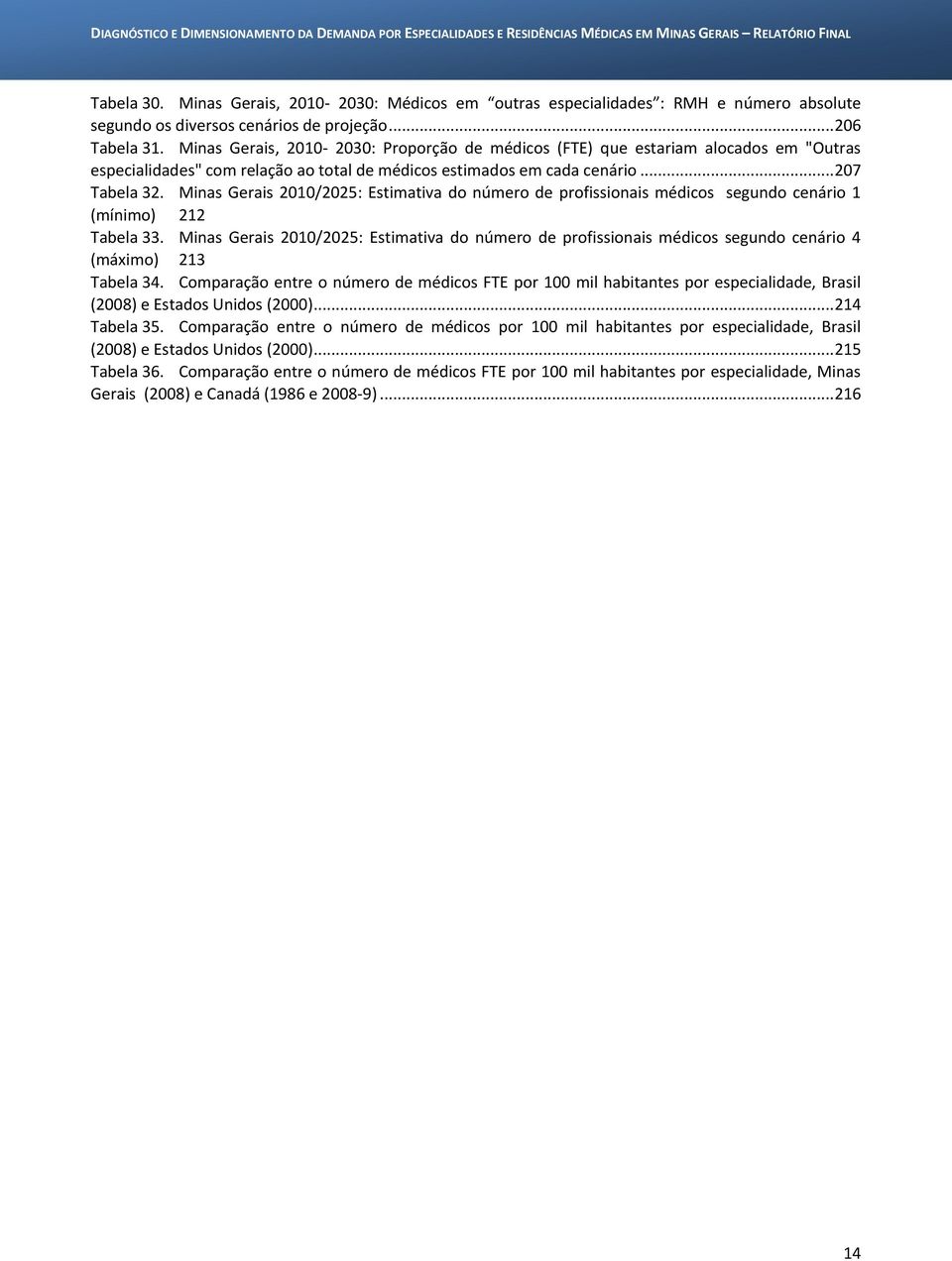 Minas Gerais 2010/2025: Estimativa do número de profissionais médicos segundo cenário 1 (mínimo) 212 Tabela 33.