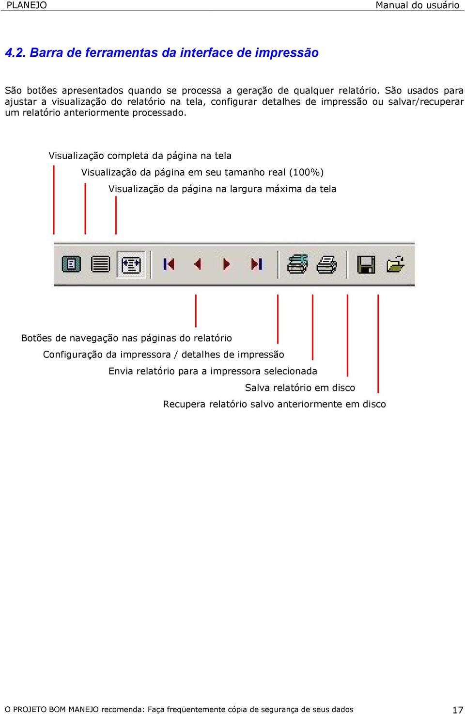 Visualização completa da página na tela Visualização da página em seu tamanho real (100%) Visualização da página na largura máxima da tela Botões de navegação nas páginas do