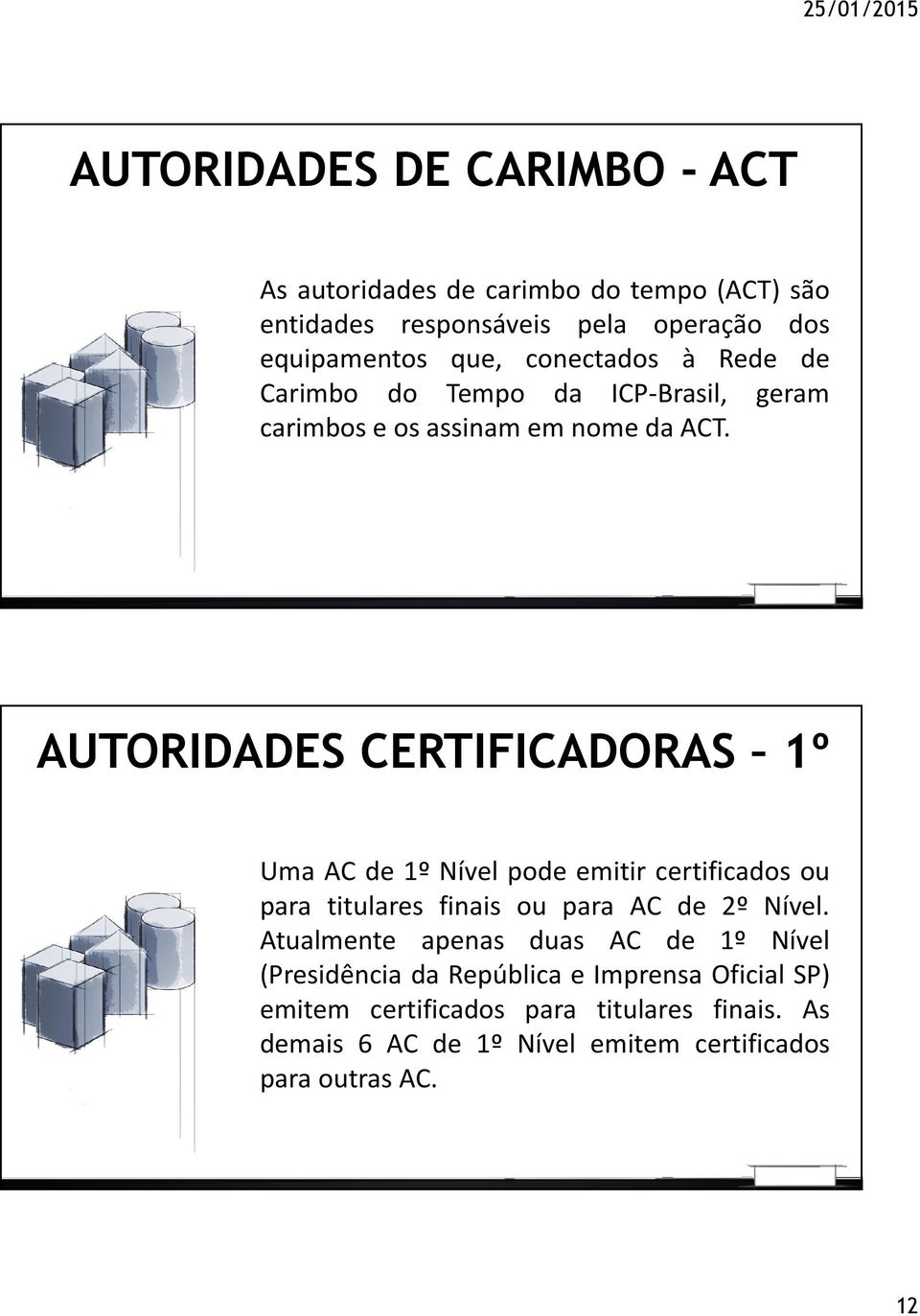 AUTORIDADES CERTIFICADORAS 1º Uma AC de 1º Nível pode emitir certificados ou para titulares finais ou para AC de 2º Nível.