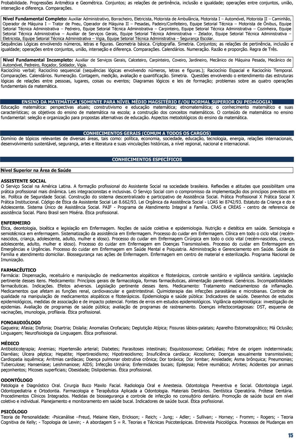 Máquina II Pesadas, Padeiro/Confeiteiro, Equipe Setorial Técnica Motorista de Ônibus, Equipe Setorial Técnica Administrativa Pedreiro, Equipe Setorial Técnica Administrativa Carpinteiro, Equipe