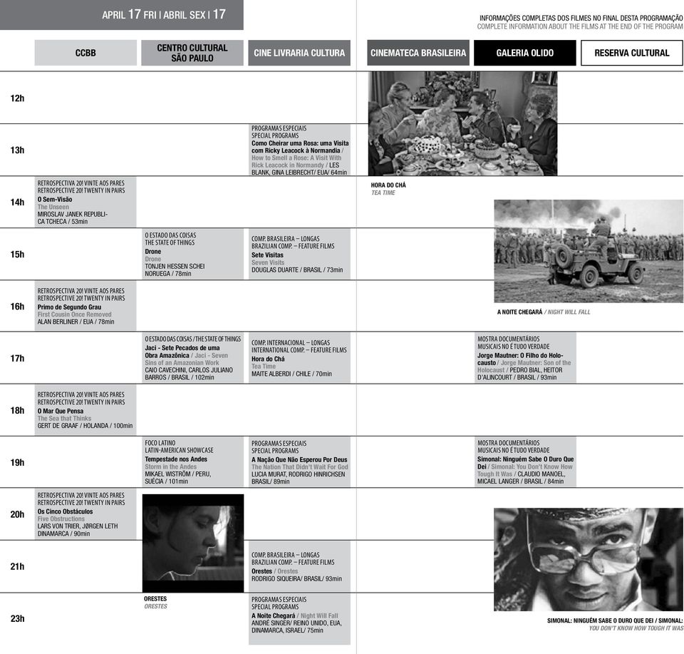 NORUEGA / 78min Sete Visitas Seven Visits DOUGLAS DUARTE / BRASIL / 73min Primo de Segundo Grau First Cousin Once Removed ALAN BERLINER / EUA / 78min A Noite Chegará / Night Will Fall / Jaci - Sete