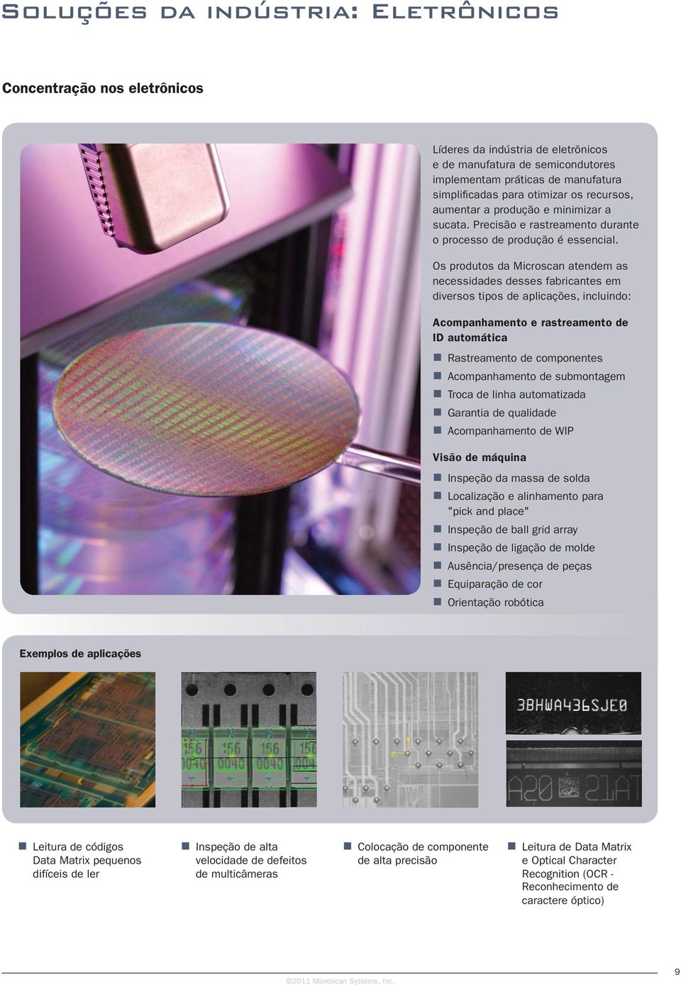 Os produtos da Microscan atendem as necessidades desses fabricantes em diversos tipos de aplicações, incluindo: Acompanhamento e rastreamento de ID automática Rastreamento de componentes