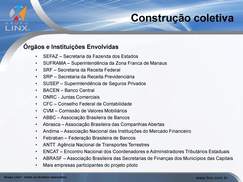 Associação Brasileira de Bancos Abrasca Associação Brasileira das Companhias Abertas Andima Associação Nacional das Instituições do Mercado Financeiro Febraban Federação Brasileira de Bancos ANTT