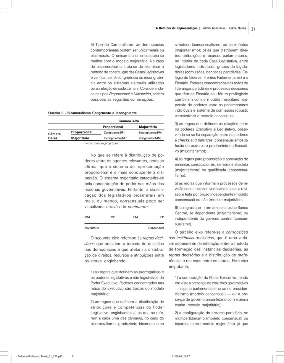 No caso do bicameralismo, tratase de examinar o método de constituição das Casas Legislativas e verificar se há congruência ou incongruência entre os sistemas eleitorais utilizados para a eleição de