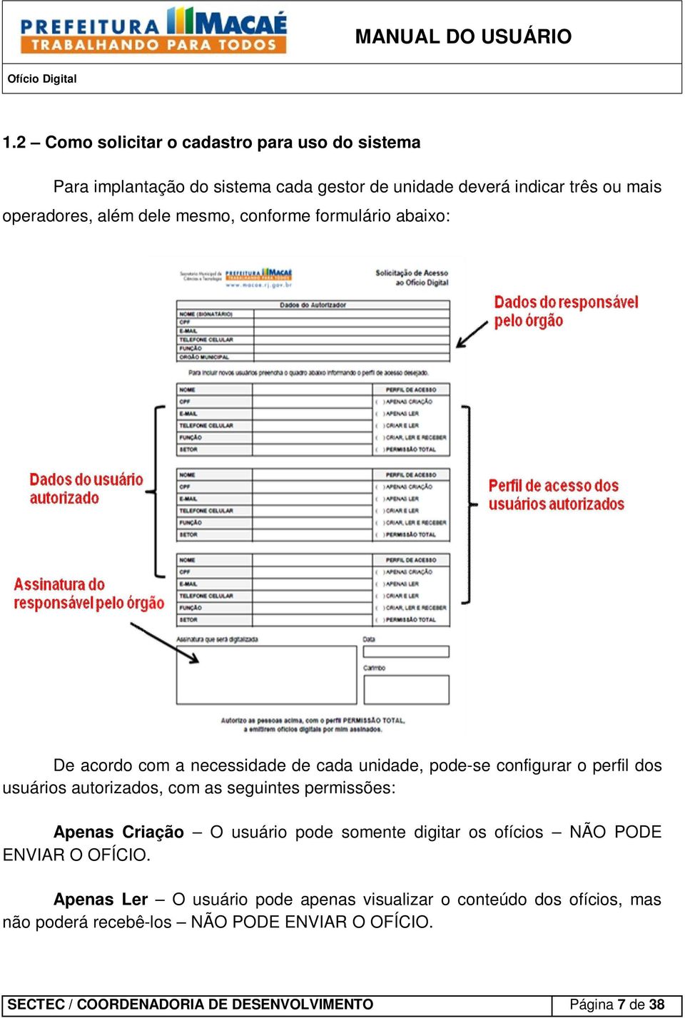 com as seguintes permissões: Apenas Criação O usuário pode somente digitar os ofícios NÃO PODE ENVIAR O OFÍCIO.