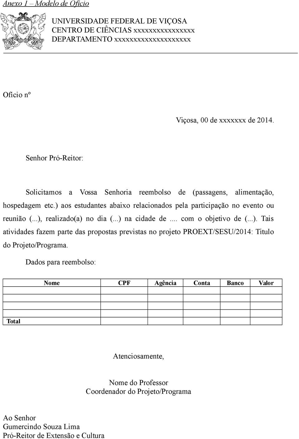 ..), realizado(a) no dia (...) na cidade de... com o objetivo de (...). Tais atividades fazem parte das propostas previstas no projeto PROEXT/SESU/2014: Titulo do Projeto/Programa.