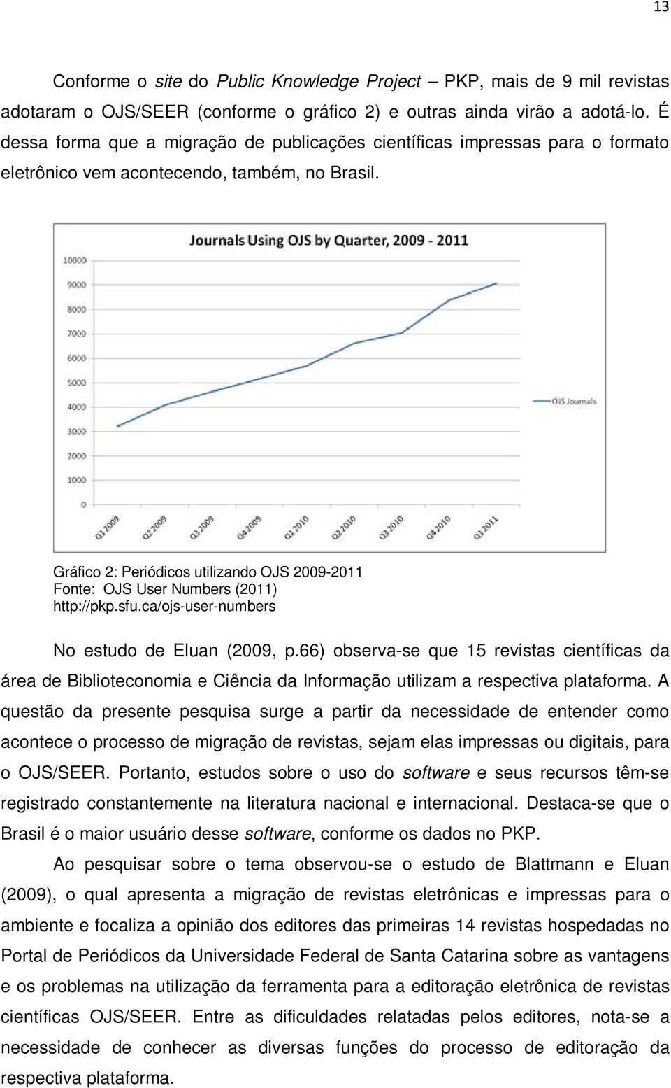Gráfico 2: Periódicos utilizando OJS 2009-2011 Fonte: OJS User Numbers (2011) http://pkp.sfu.ca/ojs-user-numbers No estudo de Eluan (2009, p.