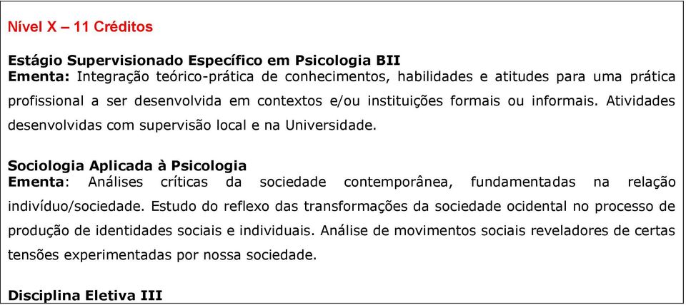 Sociologia Aplicada à Psicologia Ementa: Análises críticas da sociedade contemporânea, fundamentadas na relação indivíduo/sociedade.