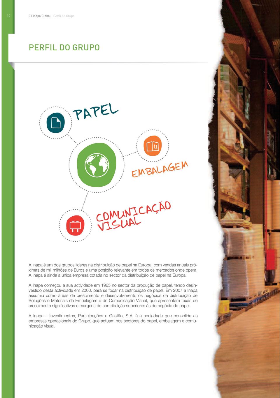 A Inapa começou a sua actividade em 1965 no sector da produção de papel, tendo desinvestido desta actividade em 2000, para se focar na distribuição de papel.