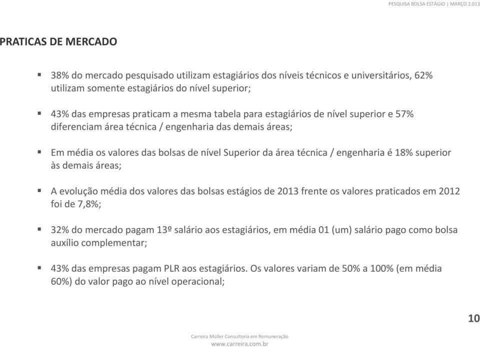 é 18% superior às demais áreas; A evolução média dos valores das bolsas estágios de 2013 frente os valores praticados em 2012 foi de 7,8%; 32% do mercado pagam 13º salário aos estagiários,