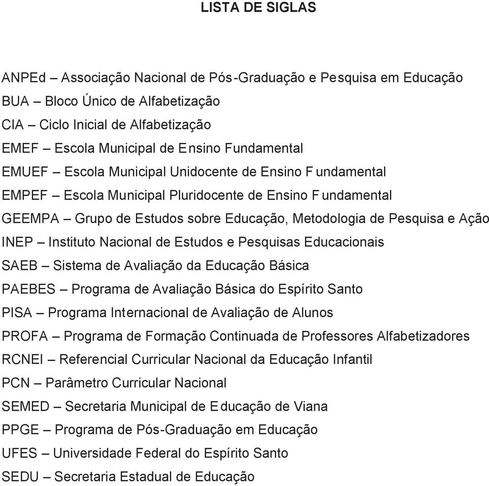 Nacional de Estudos e Pesquisas Educacionais SAEB Sistema de Avaliação da Educação Básica PAEBES Programa de Avaliação Básica do Espírito Santo PISA Programa Internacional de Avaliação de Alunos