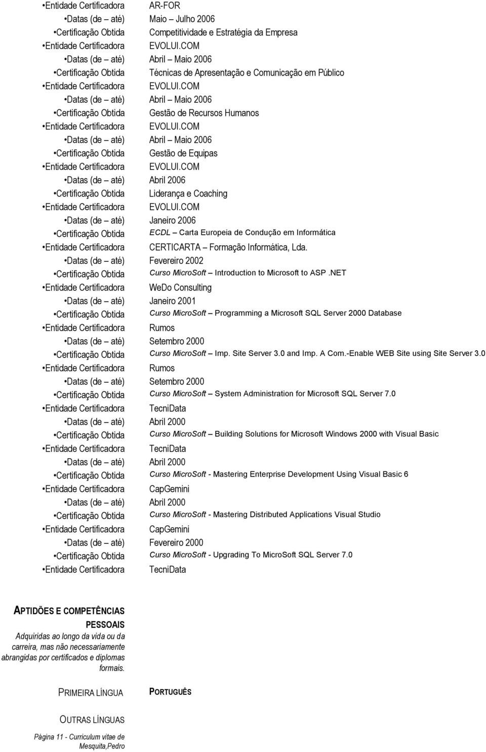 Certificação Obtida Liderança e Coaching Datas (de até) Janeiro 2006 Certificação Obtida ECDL Carta Europeia de Condução em Informática Entidade Certificadora CERTICARTA Formação Informática, Lda.