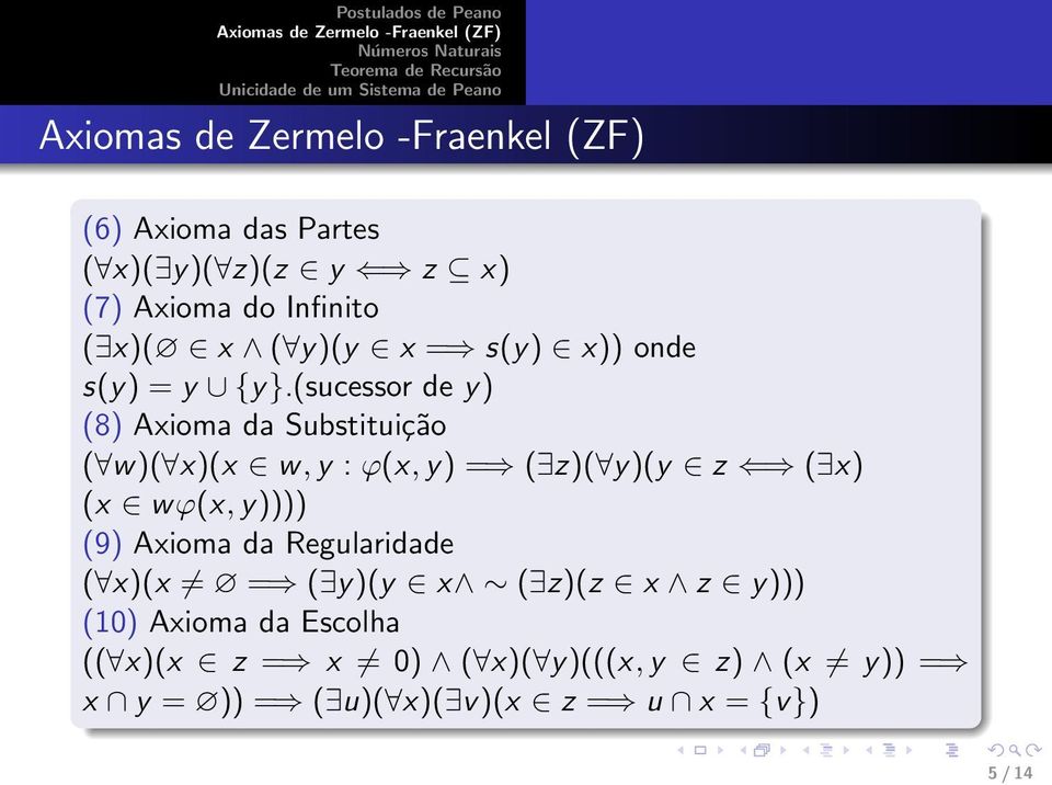 (sucessor de y) (8) Axioma da Substituição ( w)( x)(x w, y : ϕ(x, y) = ( z)( y)(y z ( x) (x wϕ(x,