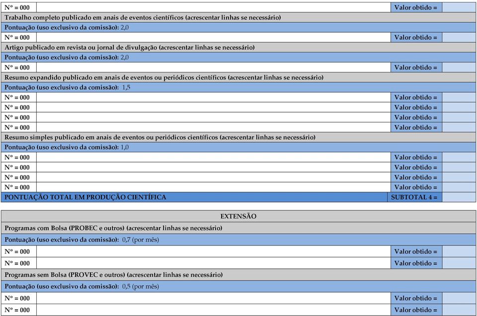 (uso exclusivo da comissão): 1,5 Resumo simples publicado em anais de eventos ou periódicos científicos (acrescentar linhas se necessário) Pontuação (uso exclusivo da comissão): 1,0 PONTUAÇÃO TOTAL