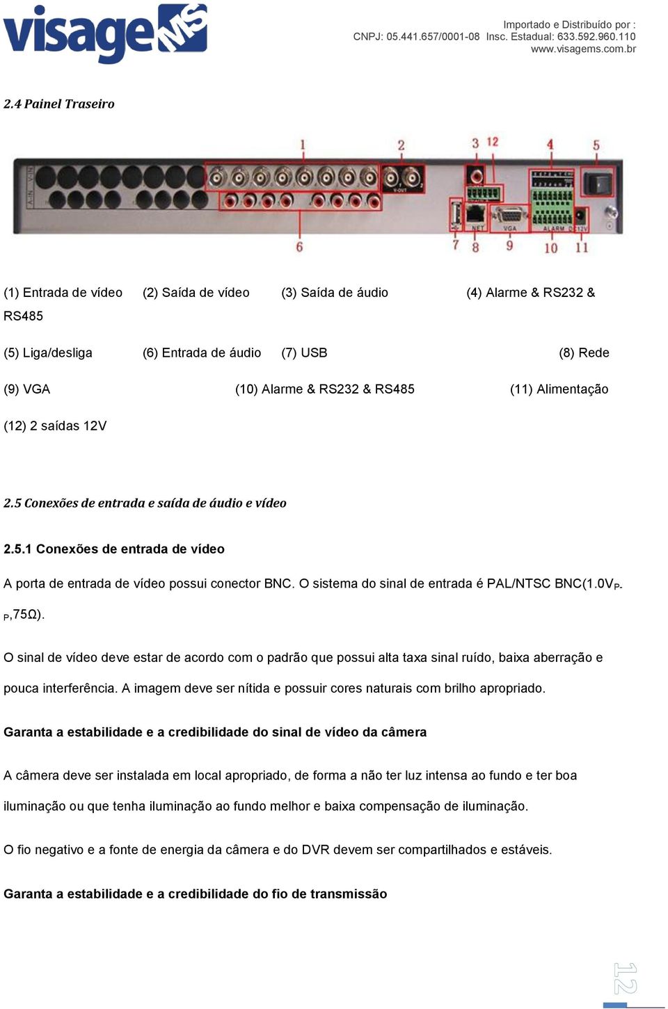 O sistema do sinal de entrada é PAL/NTSC BNC(1.0V P- P,75Ω). O sinal de vídeo deve estar de acordo com o padrão que possui alta taxa sinal ruído, baixa aberração e pouca interferência.