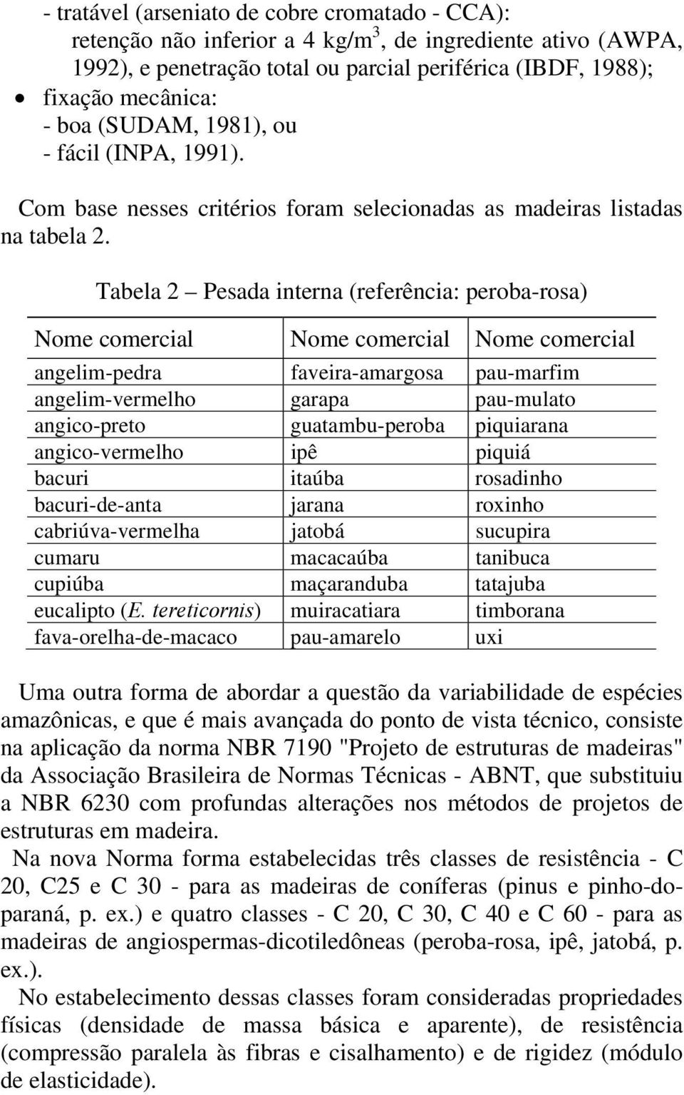 Tabela 2 Pesada interna (referência: peroba-rosa) Nome comercial Nome comercial Nome comercial angelim-pedra faveira-amargosa pau-marfim angelim-vermelho garapa pau-mulato angico-preto