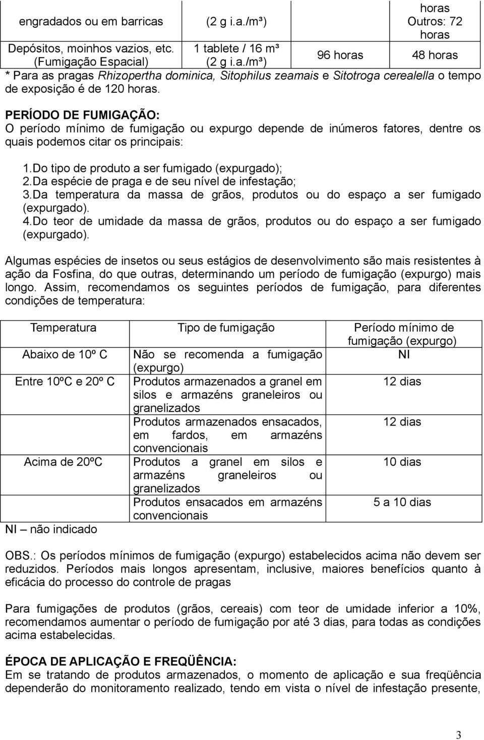 Da espécie de praga e de seu nível de infestação; 3.Da temperatura da massa de grãos, produtos ou do espaço a ser fumigado (expurgado). 4.