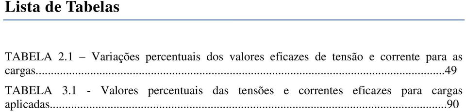 tensão e corrente para as cargas...49 TABELA 3.