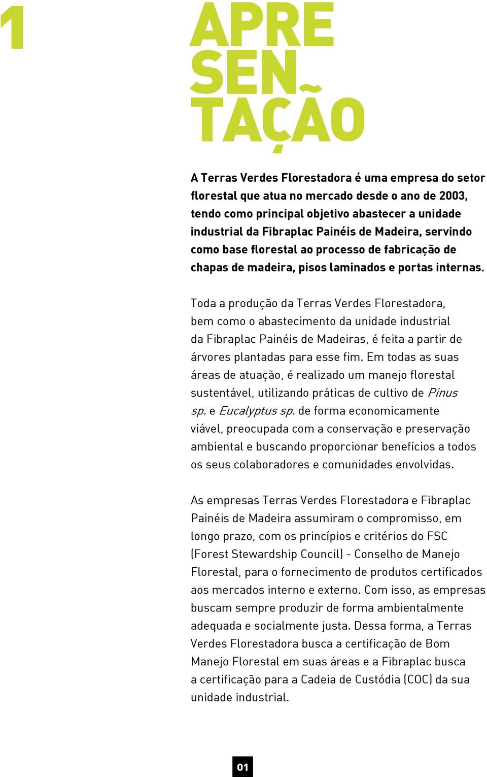 Toda a produção da Terras Verdes Florestadora, bem como o abastecimento da unidade industrial da Fibraplac Painéis de Madeiras, é feita a partir de árvores plantadas para esse fim.