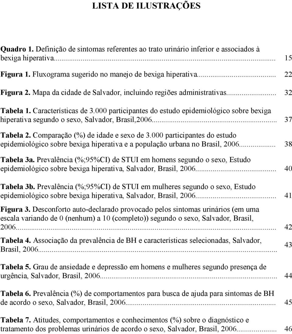 000 participantes do estudo epidemiológico sobre bexiga hiperativa segundo o sexo, Salvador, Brasil,2006... 37 Tabela 2. Comparação (%) de idade e sexo de 3.