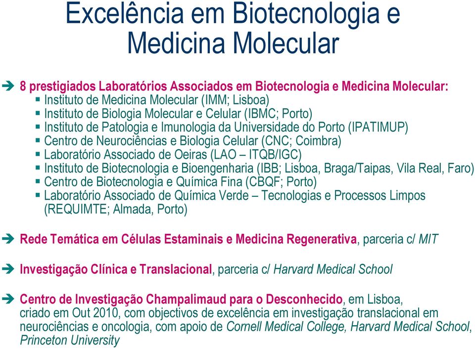 (LAO ITQB/IGC) Instituto de Biotecnologia e Bioengenharia (IBB; Lisboa, Braga/Taipas, Vila Real, Faro) Centro de Biotecnologia e Química Fina (CBQF; Porto) Laboratório Associado de Química Verde