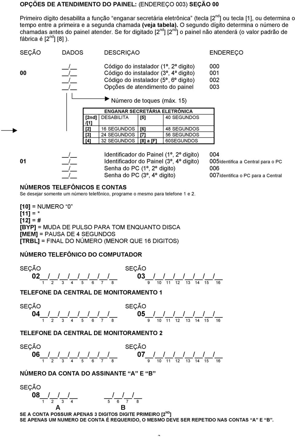 / Código do instalador (1º, 2º digito) 000 00 / Código do instalador (3º, 4º digito) 001 / Código do instalador (5º, 6º digito) 002 / Opções de atendimento do painel 003 Número de toques (máx.