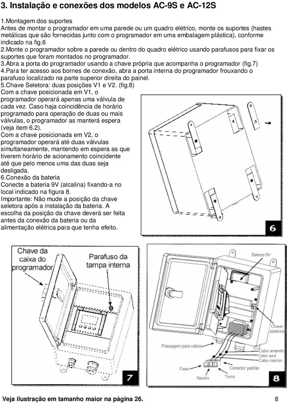 conforme indicado na fig.6 2.Monte o programador sobre a parede ou dentro do quadro elétrico usando parafusos para fixar os suportes que foram montados no programador. 3.