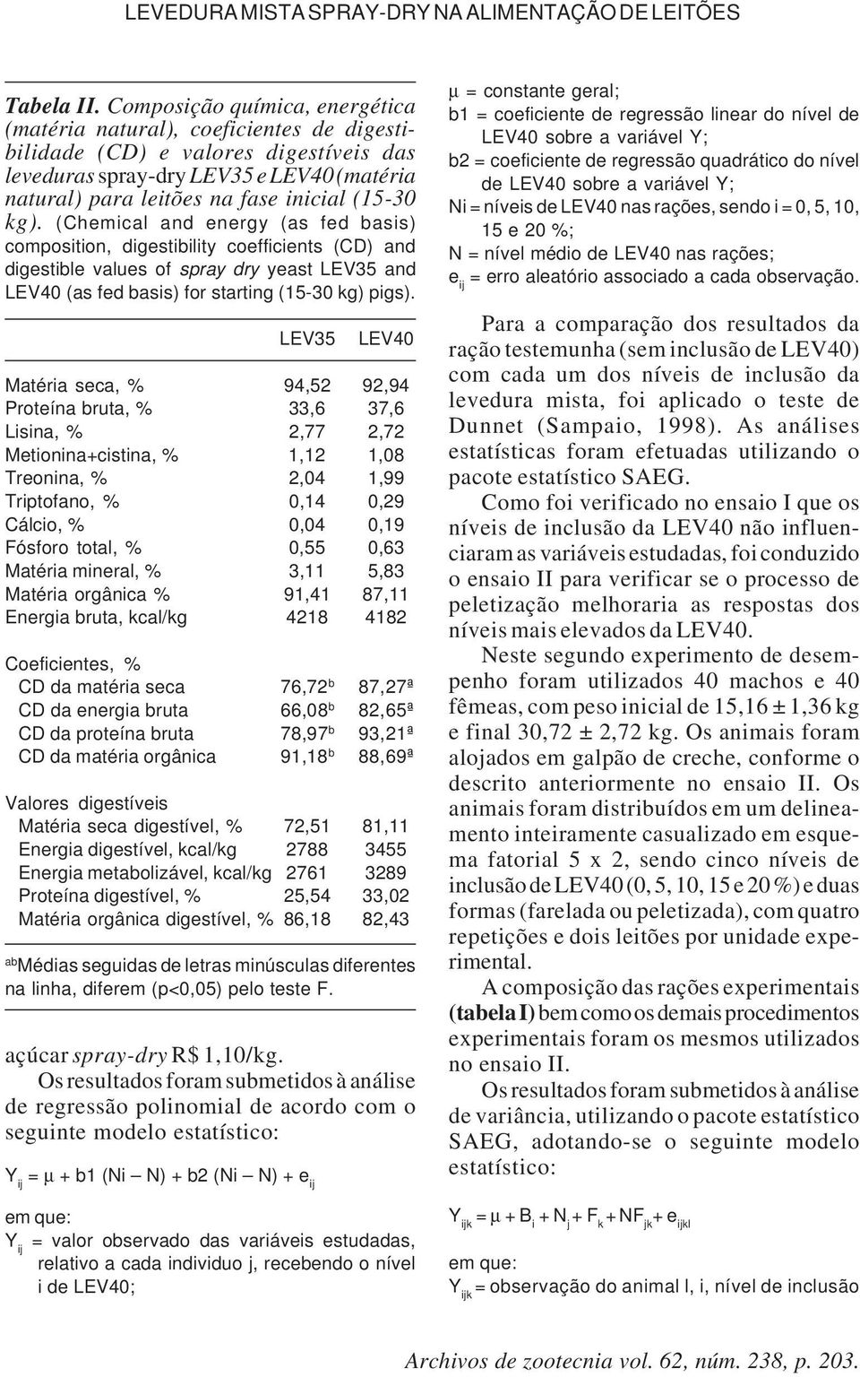 (15-30 kg). (Chemical and energy (as fed basis) composition, digestibility coefficients (CD) and digestible values of spray dry yeast LEV35 and LEV40 (as fed basis) for starting (15-30 kg) pigs).