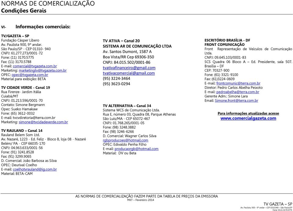 213.596/0001-70 Contato: Simone Bergmann Opec: Sueko Hamakaw Fone: (65) 3612-0032 E-mail: tvcvdiretoria@terra.com.br Marketing: simone@tvcidadeverde.com.br TV RAULAND Canal 14 Rauland Belem Som Ltd.