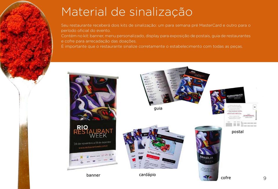 Contém no kit: banner, menu personalizado, display para exposição de postais, guia de restaurantes e